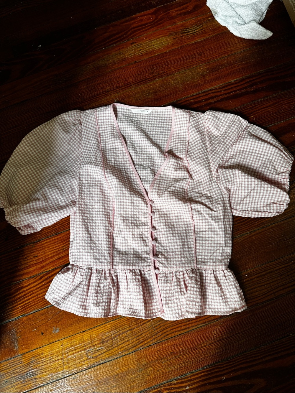 Zara Pink Gingham Buttoned Peplum Blouse